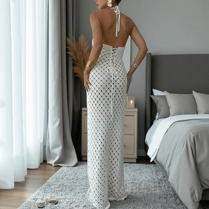 Solid Color Design Hollow Out Cutout out Knitted Dress Sleeveless Backless Lace up Beach Vacation Long Sheath Dress for Women