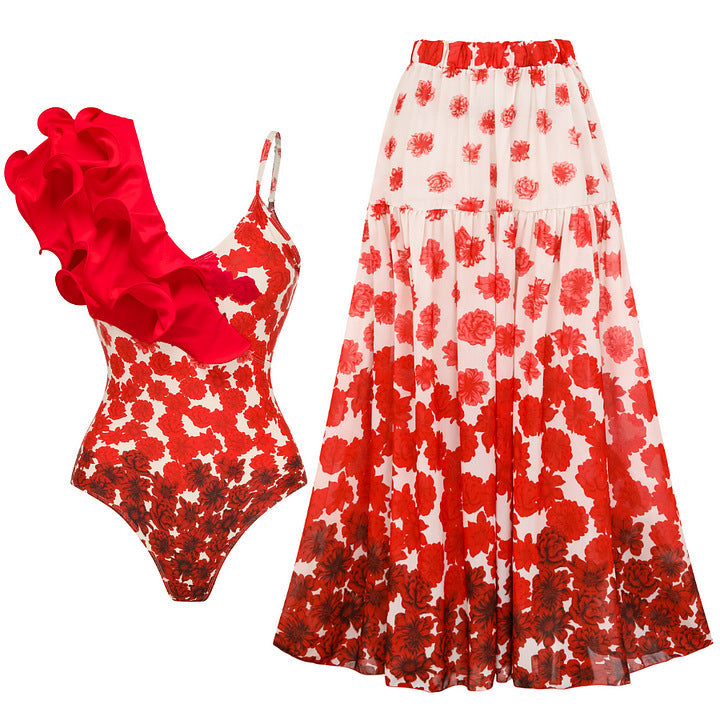 Ruffled Printed One Piece Swimsuit Women Umbrella Skirt Two Piece Sets