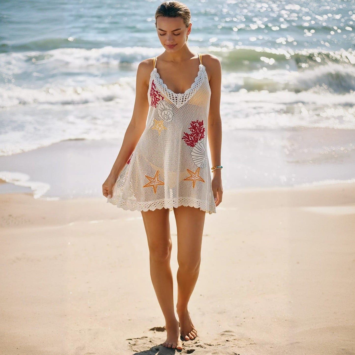 Sexy Knitted Embroidered Hollow Out Cutout out Beach Cover up Bikini Swimsuit Beach for Women