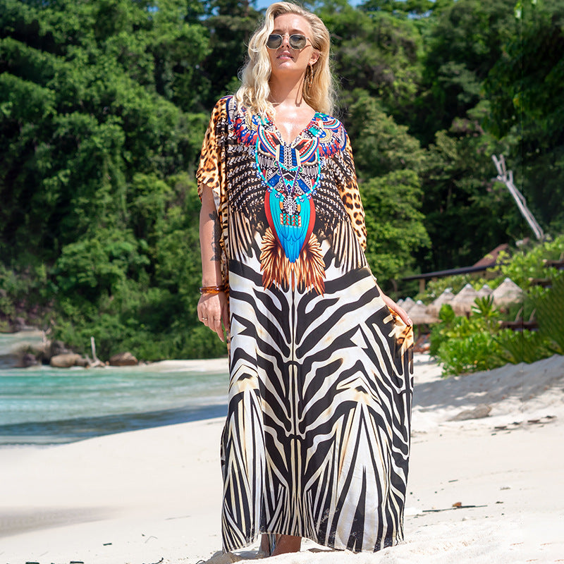 Printed Robe Seaside Holiday Sun Protection Shirt Beach Dress Bikini Swimsuit Blouse Outer Wear