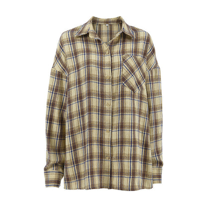 Retro Plaid Shirt Women Loose Long Sleeve Top Fall Winter Women