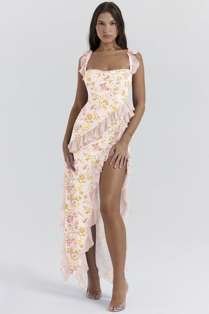 Summer French Strap Wooden Ear Sexy Split Printing Dress