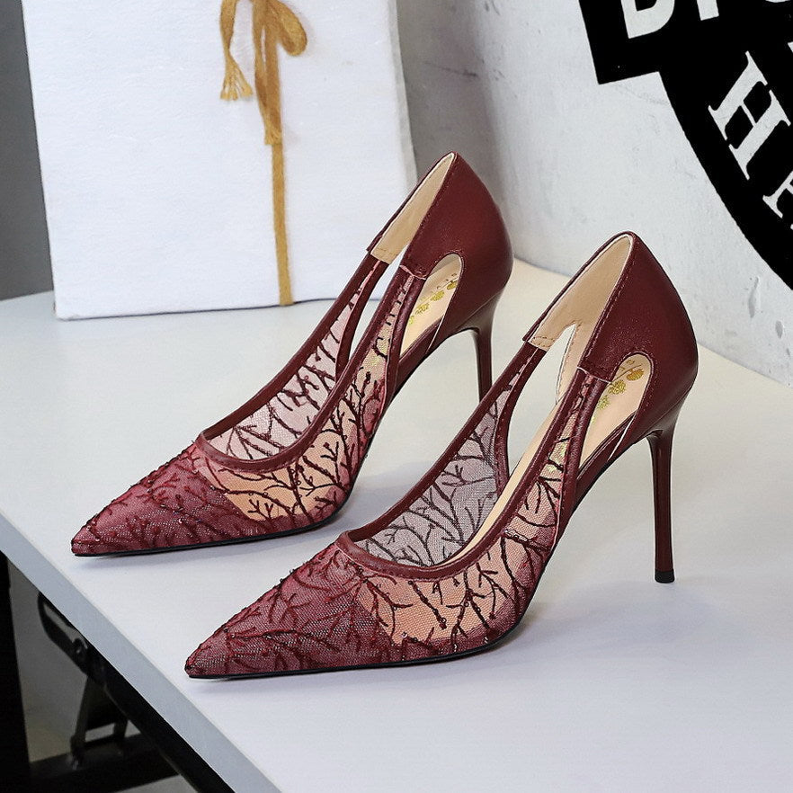 Design Hollow Out Cutout Lace Mesh Super High Heel Women Shoes Slip on Cocktail Pointed Toe Pumps Women Shoes