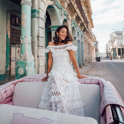 Summer Women Clothing off Shoulder Ruffled Hollow Out Cutout Wide Hem Lace Long Dress
