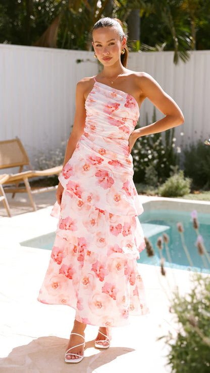 Women Summer Single Shoulder Suspender Printing Dress