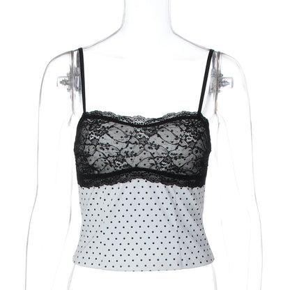 Women Clothing Summer Lace Stitching Polka Dot Print Slim Slimming Small Tank Top