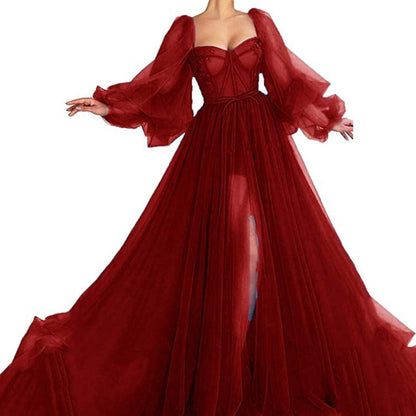 Summer Women Clothing Graceful Fashionable Dress Mesh Split Expansion Dress Wedding Evening Dress