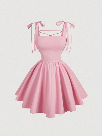 Slimming Flounce Square Collar Summer Dress French Sweet Spicy Pink Bow Bandage Sexy Sling Dress