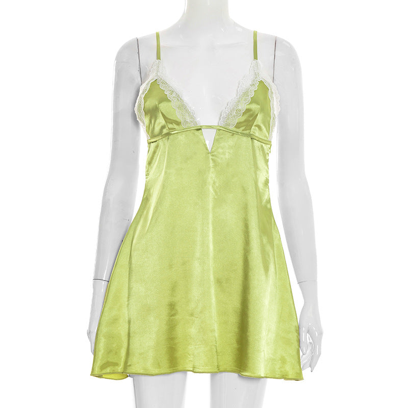 Women Clothing Summer Solid Color Sleeveless Artificial Silk Lace Lace Spaghetti Strap Mini Dress