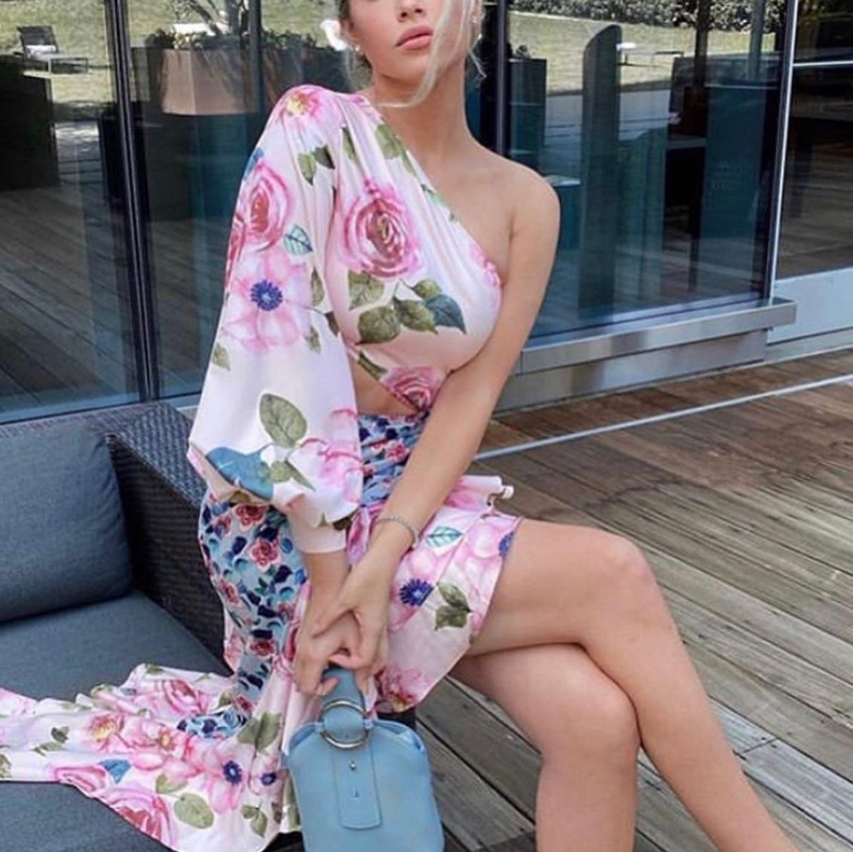 Summer Women Clothing Maxi Dress Asymmetric Tube Top Single Sleeve Waist Tight Floral Stitching Dress