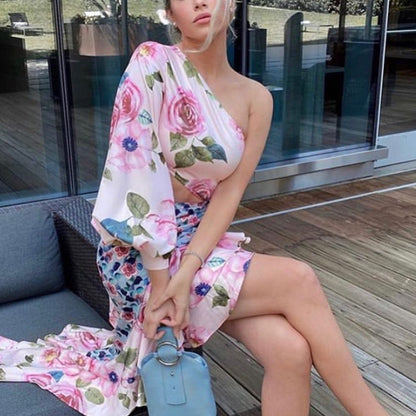 Summer Women Clothing Maxi Dress Asymmetric Tube Top Single Sleeve Waist Tight Floral Stitching Dress