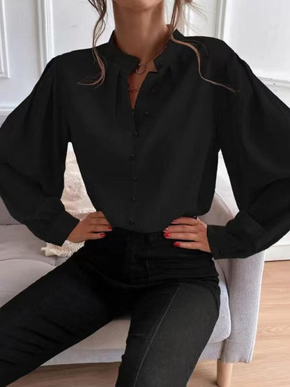 Women Shirt Autumn Elegant Solid Color Collared Long Sleeve Single Row Button Loose Women Top