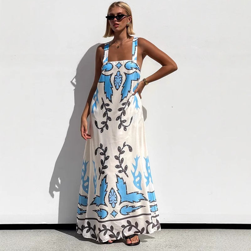 Summer Sexy Spaghetti-Strap Floral Print Dress Casual Loose Vacation Dress