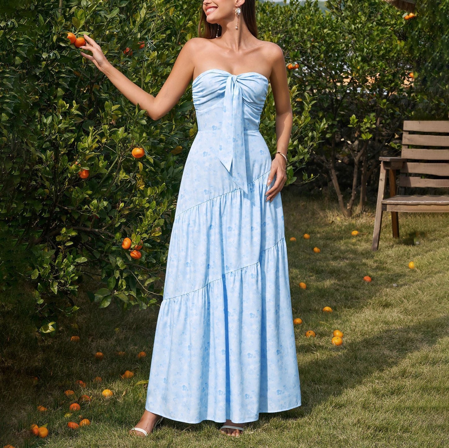 Tube Top Bow Bandage Dress Sexy Backless Pleated Print Maxi Dress