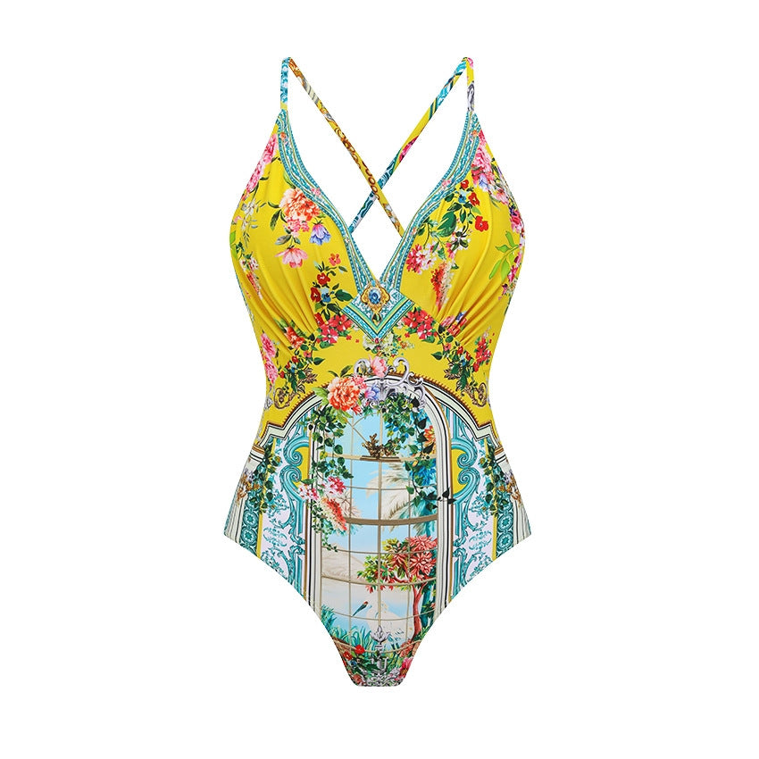 Swimsuit Bright Yellow Garden Print Vacation Swimsuit Women Long Skirt