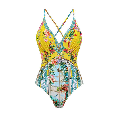 Swimsuit Bright Yellow Garden Print Vacation Swimsuit Women Long Skirt
