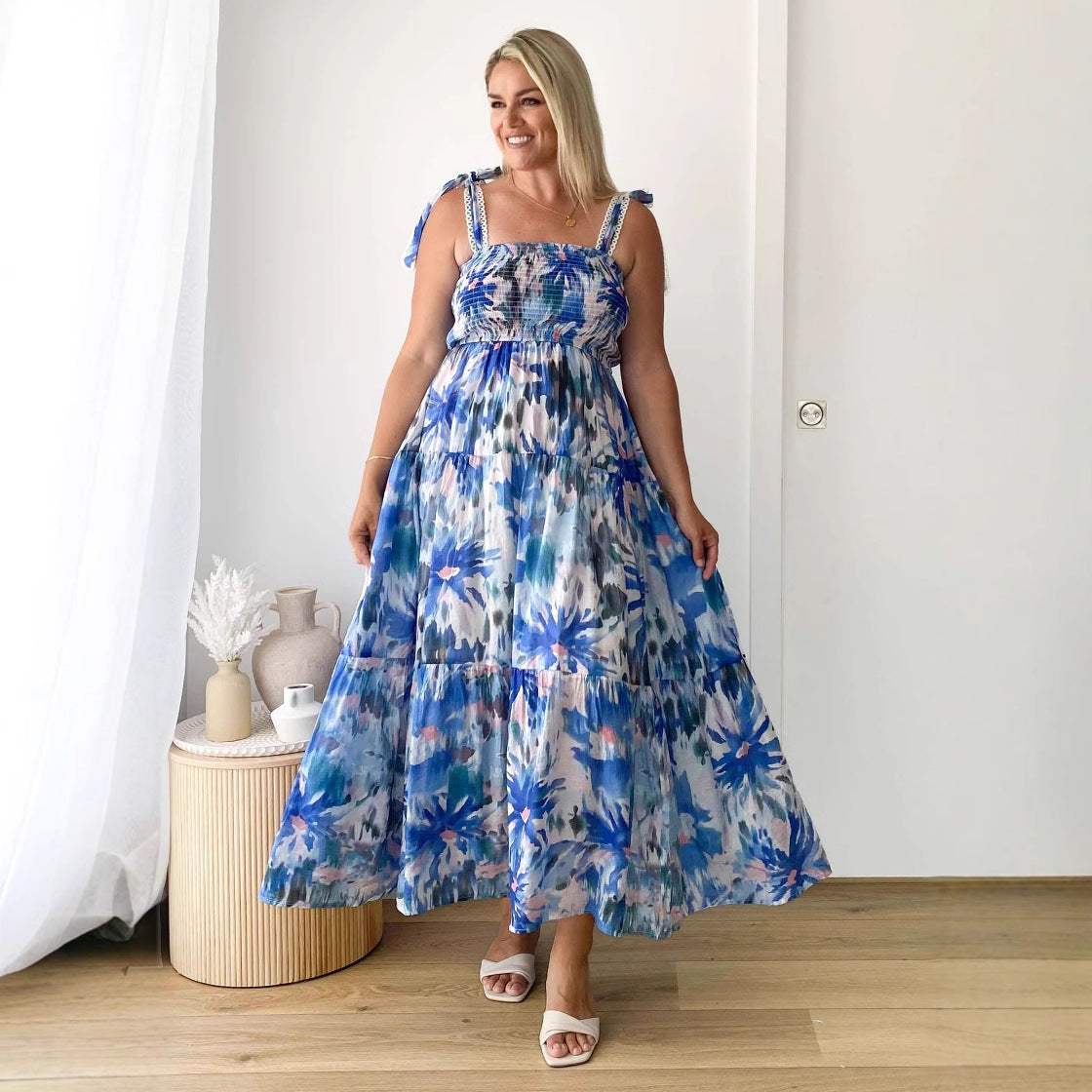 Spring Summer Floral Printed Sling Smocking Elastic Waist Knotted Shoulder Strap Large Swing Dress Long