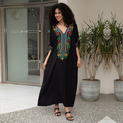 Cotton Embroidered Vacation Beach Blouse Maxi Dress Loose Robe Sun Protection Bikini Cover Up Blouse