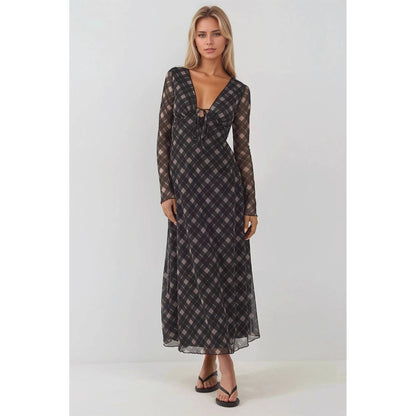 Autumn Retro V neck Lace up Plaid Elegant Graceful Slim Dress