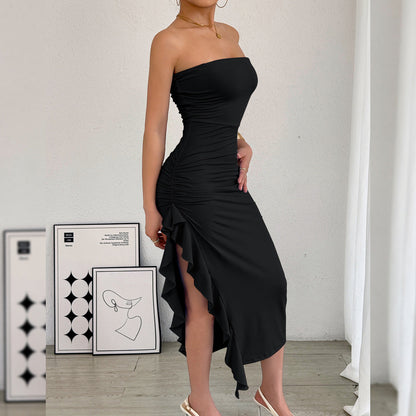 Autumn Winter Women Clothing Slim Fit Slit Wrapped Chest Bag Hip Sexy Dress