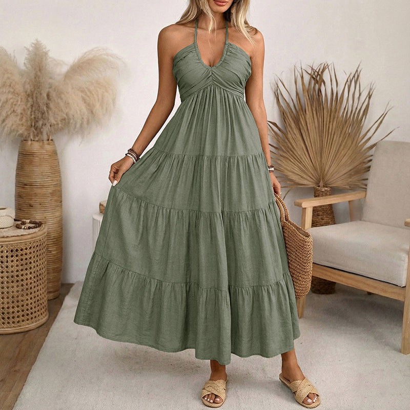 Summer Halter Vacation Maxi Dress Graceful Fashionable Backless Smocking Dress Women