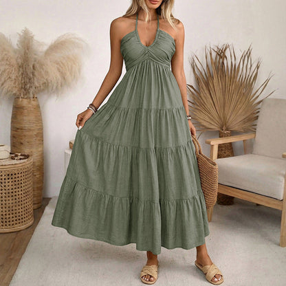 Summer Halter Vacation Maxi Dress Graceful Fashionable Backless Smocking Dress Women
