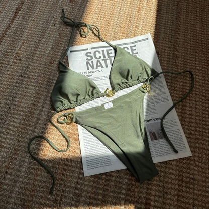 Sexy Nylon Light Metal Ring Lace up Backless Split Swimsuit Bikini