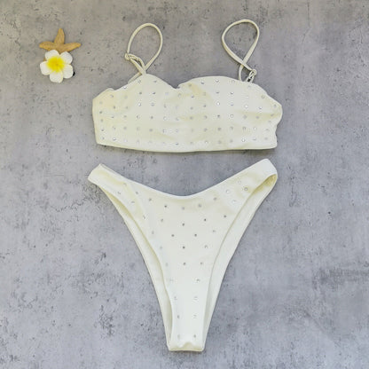 Tube Top with Diamond Solid Color Low Waist Bikini Sexy Split Swimsuit Bikini
