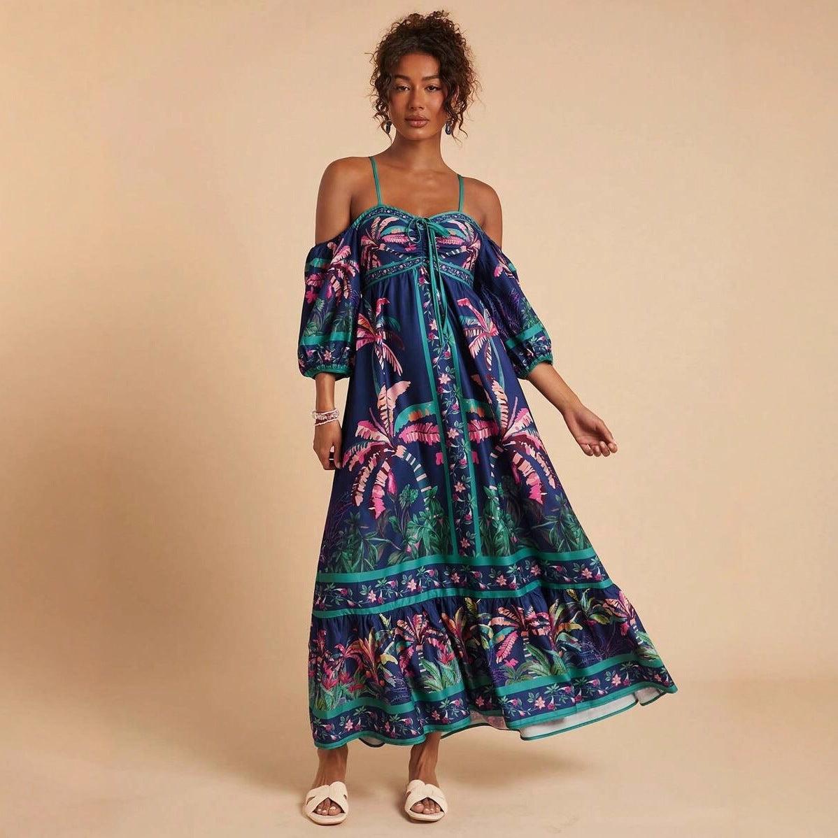 Summer Positioning Printing Sling off Shoulder Dress
