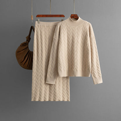 Autumn Winter Jacquard Half High Collar Long Sleeves Knitwear Pullover Top Skirt Two Piece Set