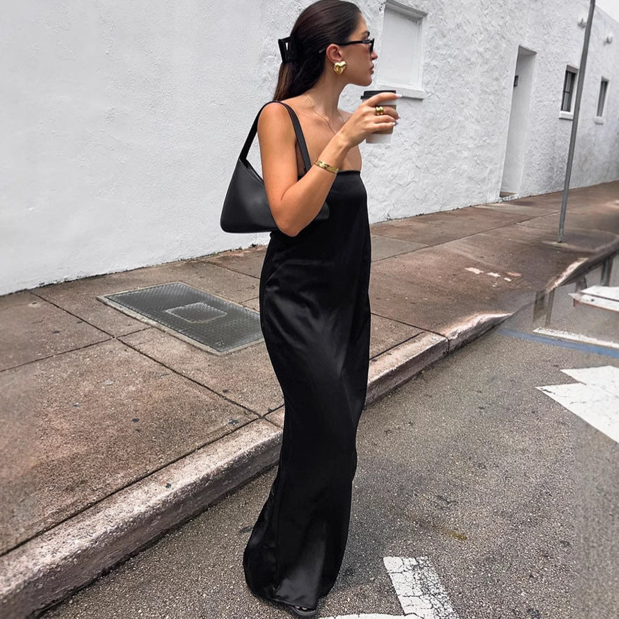 Black Sexy Tube Top Satin High Waist Loose Dress Summer Dress Women