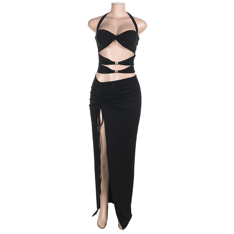 Hollow Out Cutout Metal Buckle Split Sexy Halter Tied Dress Women Vacation Dress