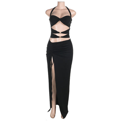 Hollow Out Cutout Metal Buckle Split Sexy Halter Tied Dress Women Vacation Dress