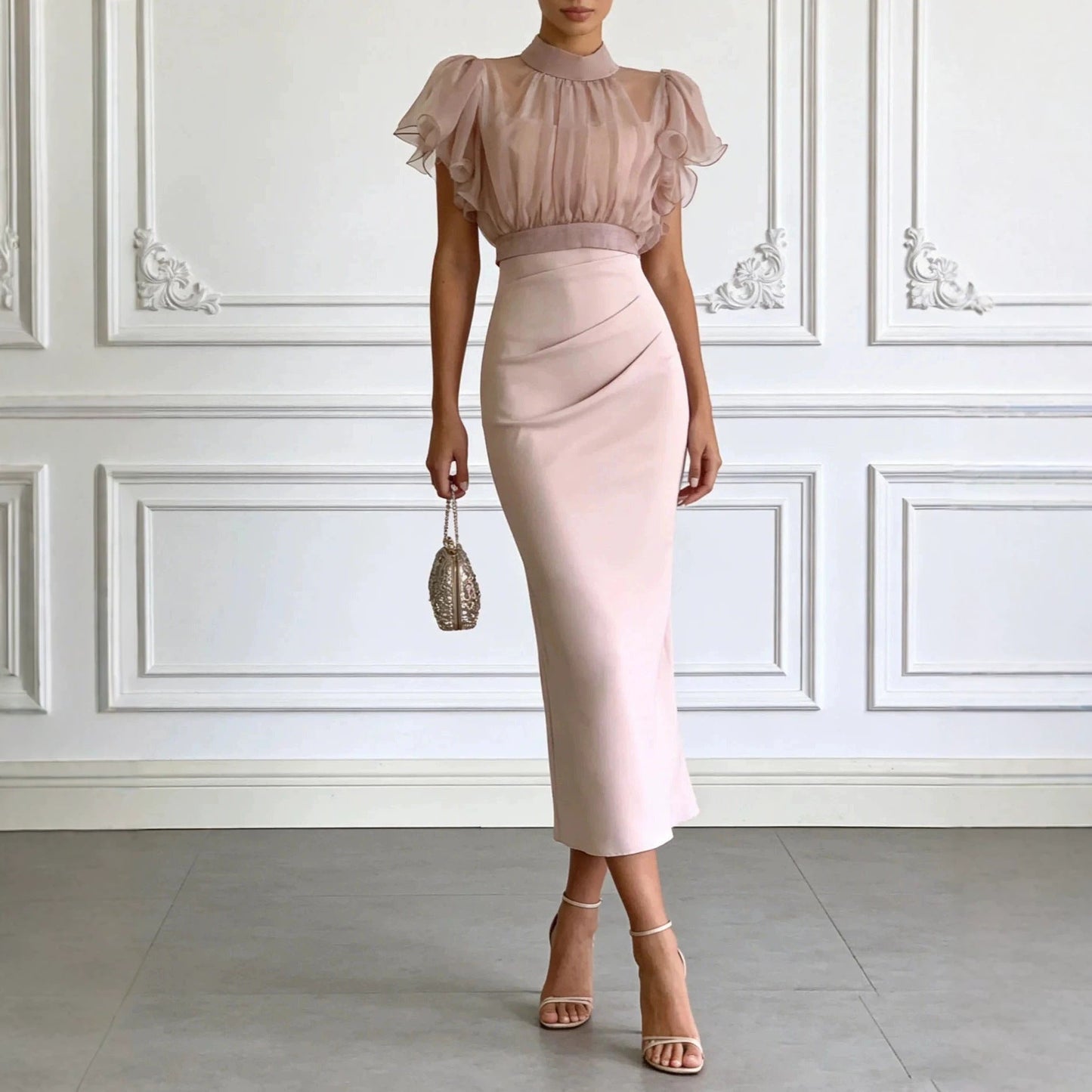 Fashionable Sheer Mesh Lace up Waist Controlled Top Strap Sheath Dress