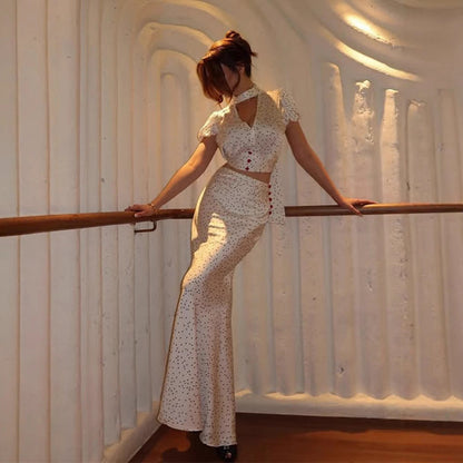 Elegant High Grade Polka Dot Satin Fishtail Skirt Skirt V neck Short Top Sexy Two Piece Sets