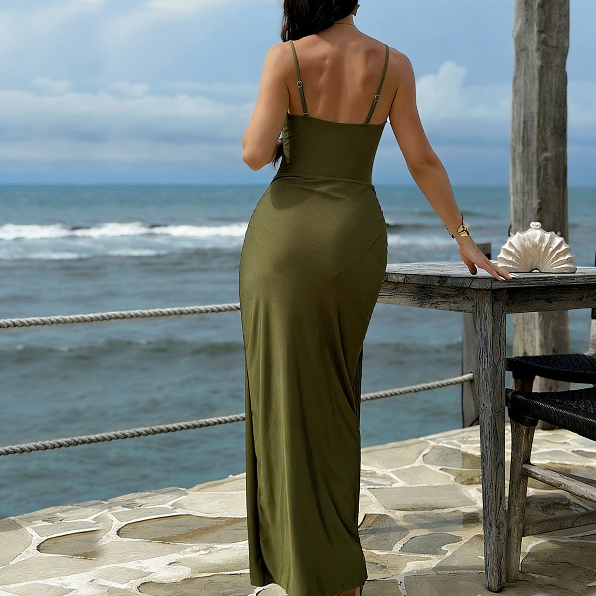 Swimwear Sexy Deep V Plunge neck Pleated High Slit Tube Top Dress Sexy