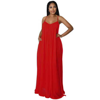 Women Chiffon Solid Color Casual Backless Cami Dress