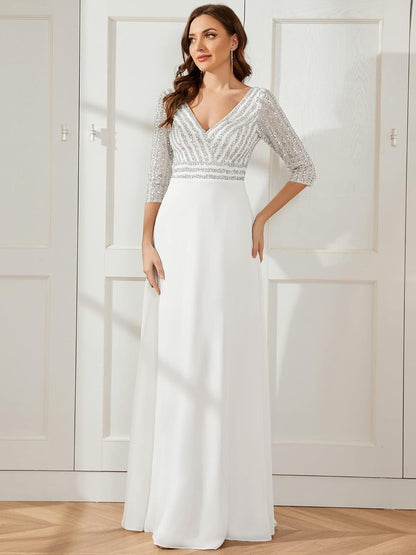 Middle East Women Chiffon Double V neck Dress A line Large Hem Sequin Stitching Evening Dress