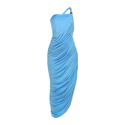Autumn Women Clothing Solid Color Pleated Suspender Backless Sexy Slit Dress