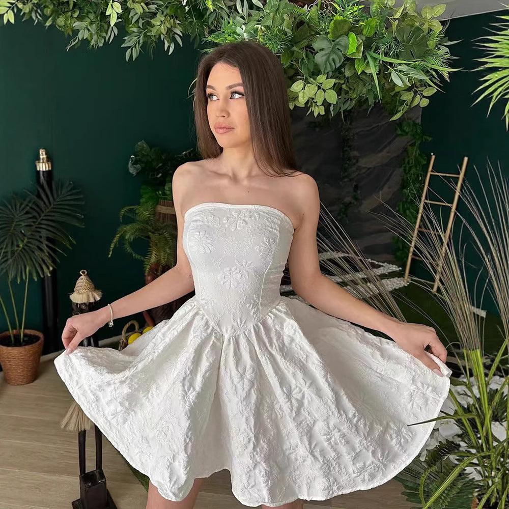 Women Clothing Tube Top Dress High Grade Jacquard Three Dimensional Fabric Sexy off Shoulder Waist Hem Dress