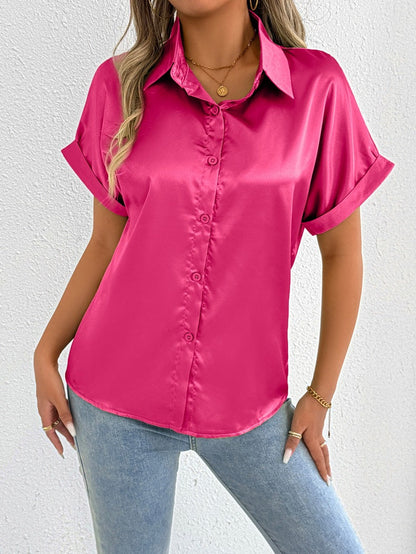 Women Clothes Summer Blue Color Satin Shirt Women Satin Shirt