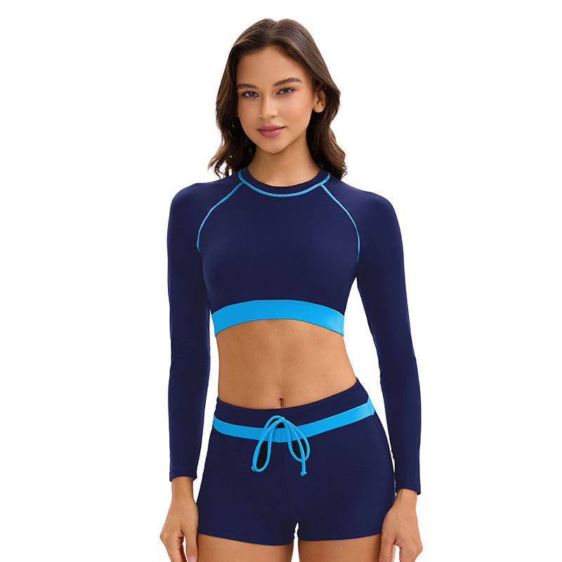 Long Sleeve Women Sports Split Swimsuit Conservative Color Matching Boxer Sun Protection Swimming Set