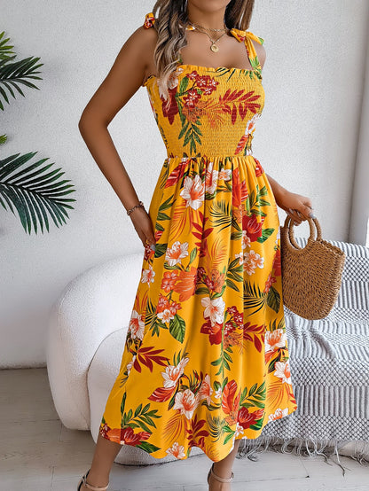 Spring Summer Printing Lace up Waist Dress Vacation Beach Dress Women Clothing