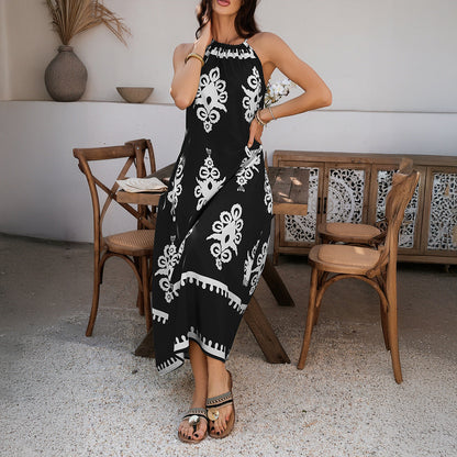 Spring Summer Casual Vacation Contrast Color Halter Sleeveless Dress Women