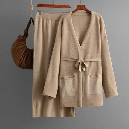 Women Autumn Winter V neck Loose Knitted Lace up Cardigan Skirt Two Piece Set