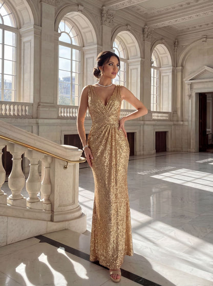 Spring Summer Women Clothing Deep V Plunge Sexy Backless Dress Gold Premium Sequined Evening Dress