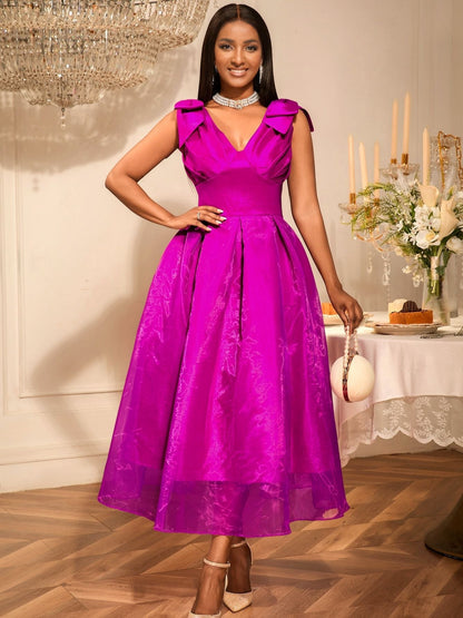 Sexy V neck Bow Sleeveless Dress High Waist Slim Fit Elegant Party Evening Dress