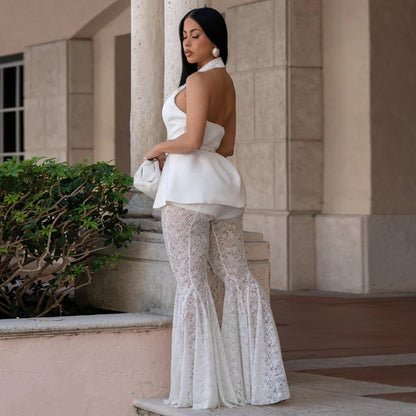 Sleeveless Backless Sexy Lace Bell Bottom Pants Two Piece Set