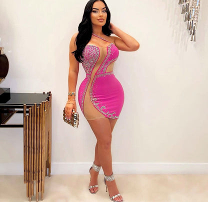 Sexy Slim Fit Rhinestone Stretch Tube Top Sleeveless See through Sheath Dress