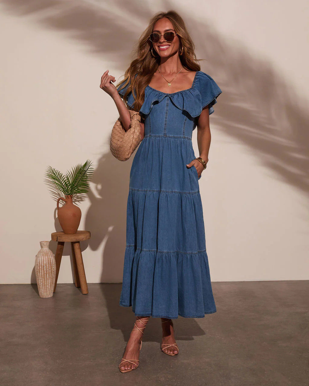 Women Clothing Stylish Loose round Neck Ruffled Swing Denim Dress